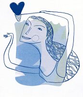 Illustration of woman catching heart in net symbolizing the zodiac sign Aquarius