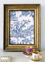 Picture frame with rural, French, toile de jouy motif