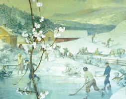 Cherry branches against old school poster with winter scene