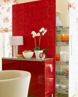 Flower pot, bowl of grapes and lamp on excerpt cabinets behind red wall