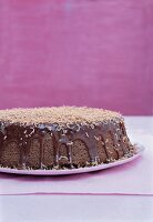 Mocha chocolate cake against purple background