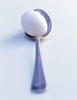 Egg on spoon on white background