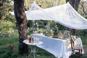 Buffet table laid between tree with white sun sail in garden