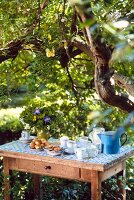 A rustic coffee table beneath a tree in a garden
