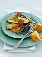 Antipasti with eggplant, peppers and mushrooms on plate