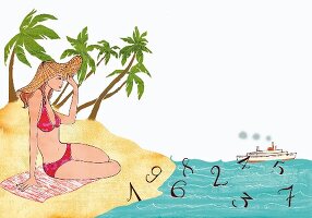 Woman wearing red bikini sitting at beach, illustration