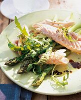 Salmon and green asparagus on plate for barbecue