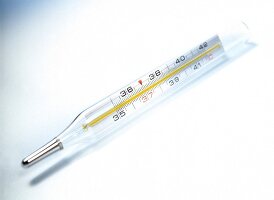 Close-up of mercury thermometer on white background