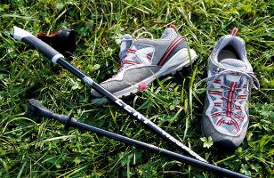 Pair of sports shoes and Nordic walking poles for Nordic fitness on grass