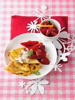 Coconut crepes with strawberry and rhubarb compote