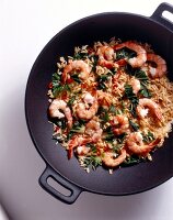 Shrimp with stir-fry bok choy in wok