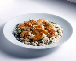 Chicken breast with vegetable risotto on plate