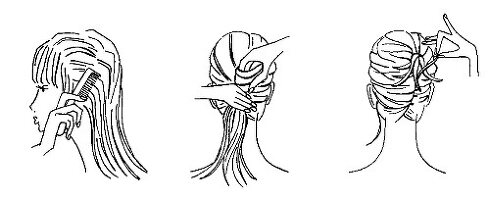 Illustration of three steps while preparing updo hair