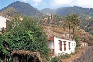 View of volcanic mountain and stone houses in La Palma, Canary Island, Spain
