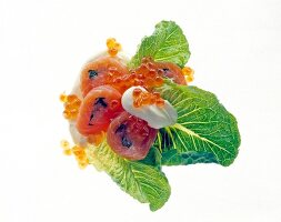 Close-up of salmon tartar rolls with salmon caviar, fresh cream and salad