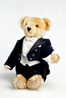 Close-up of teddy bear wearing black suit on white background