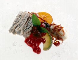 Cassata ice cream with mixed candied fruits on white background