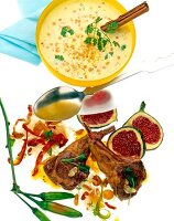 Close-up of coconut lentil soup and lamb steaks with figs