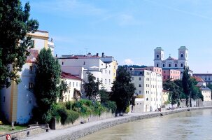 View of old town and St. Michael church near river Inn, Passau, Germany