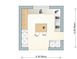 Illustration: Küche mit Weinschrank, Backofen, Dampfgarer und Nebenspüle