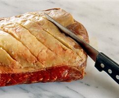 Close-up of roasted beef cut diagonally