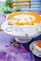 Aprikosensahnetorte auf Kuchenplatte angeschnitten mit Lavendel "DW"
