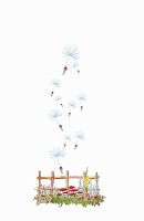 Illustration einer Wiese mit Zaun und fliegenden Pusteblumensamen