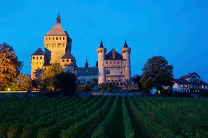 beleuchtetes Château de Vufflens am Abend.