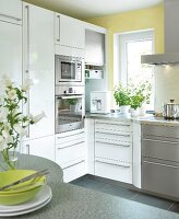 Küche in Weiß, Metallic und Grün, moderne Technik eingebaut, Fenster