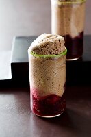 Chocolate souffle with port wine cherries in glass