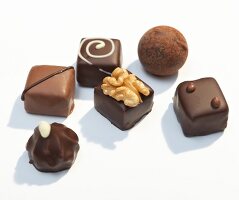 Various types of chocolates pieces on white background