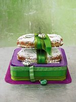 Mini stollen cakes, packaged in green and purple
