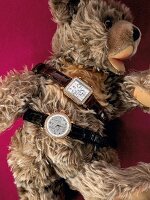 Teddy bear with two diamond and gold plated watches on red background