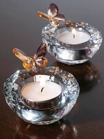 2 Teelichthalter aus Kristall mit Schmetterlingen, Swarowski
