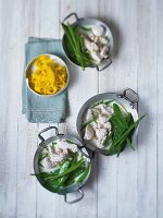 Turkey with beans, mange tout and saffron noodles