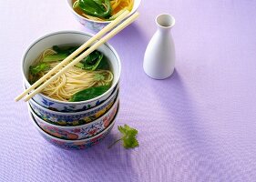 Rice noodle soup in an oriental soup bowl (China)