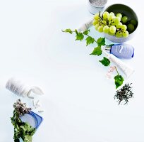 Various toiletries, grapes, green tea and pills on white background, elevated view