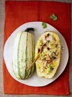 Stuffed spaghetti squash with chicken, rice, raisins and herbs on plate, overhead view