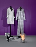 Fleece jacket and plaid pyjamas on mannequins