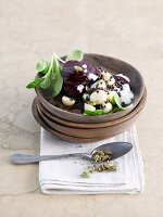 Potato salad with beetroot, black lentils and cardamom