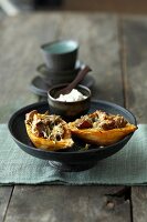 Sweet potatoes with cheese in serving dish