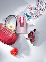 Handbag, satin chiffon cloth, satin peep toes and flowers on white background