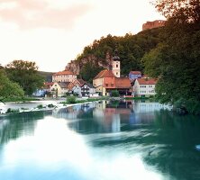 View of Naab river and medieval village of Kallmunz, Bavaria, Germany