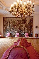 Two purple chairs in front of Tapestry wall in St. Emmeram's Abbey, Regensburg, Germany