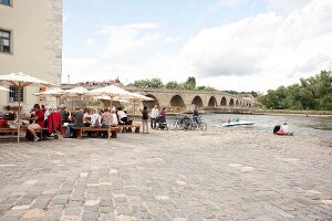 View of Stone Bridge over Danube river in Regensburg, Bavaria, Germany