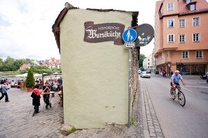 View of wall of Historic Sausage Kitchen in Regensburg, Bavaria, Germany