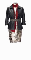 Black leather jacket and red scarf over silk dress on mannequin against white background