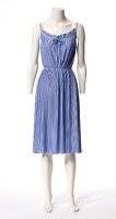 Blue pleated dress on mannequin against white background
