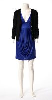 Black cardigan over blue stain dress on mannequin against white background 