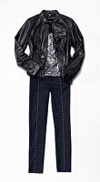 Biker jacket with pailletten top and pants on white background